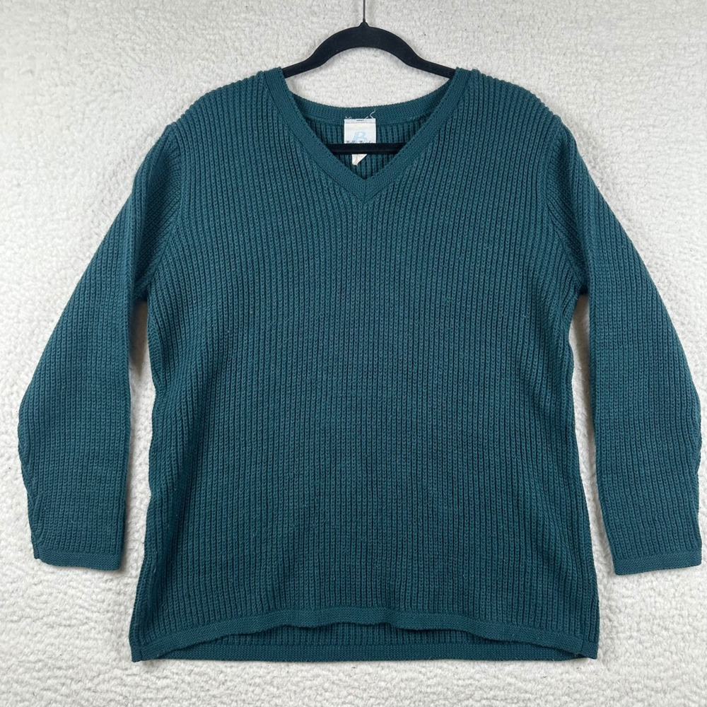 Vtg Bobbie Brooks Ribbed V-Neck Sweater Womens USA L Teal Green Retro Academia